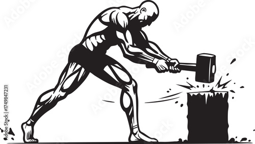 Muscular man powerfully swings a large sledgehammer, striking a block of wood, creating splinters and dust with intense effort and determination.
