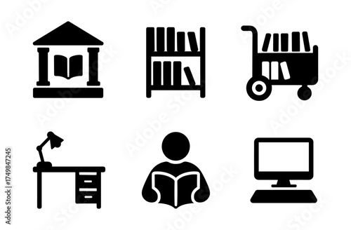 Library and education icons set: desk, shelves, reading, computer, books, institution