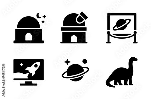 Silhouette icons of astronomy: observatories, planets, and dinosaurs
