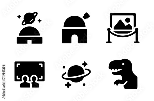 Space and science icons collection: planetarium, observatory, and dinosaur