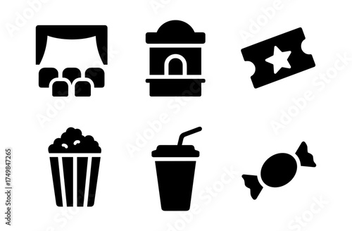 Cinema icons: theater, ticket, popcorn, and more in minimalist style