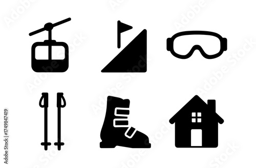 Winter sports icons: skiing equipment and alpine station set