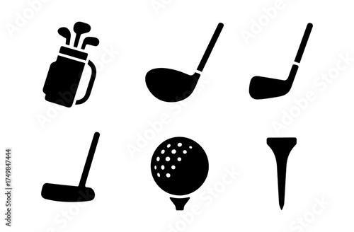 Golf equipment silhouettes: clubs, ball, and tee icons for sports design