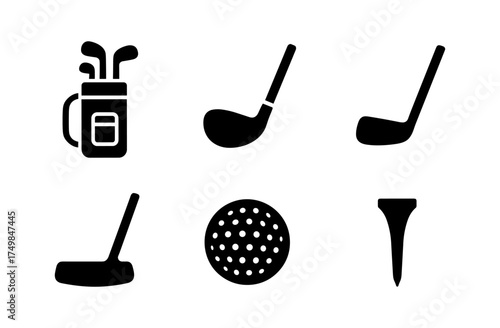 Silhouette golf icons collection: clubs, ball, tee for sports design