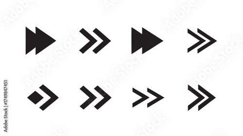 Illustration of eight different arrow shapes pointing to the right in black color on a white background design | editable eps vectors silhouette