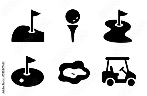 Golf course icons: minimalist black silhouettes with flag, ball, and golf cart