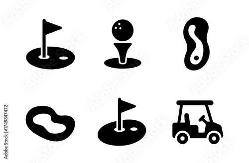 Golf icon set featuring course elements in silhouette style