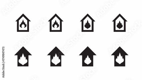 Eight black house icons each containing a flame symbol arranged in two rows on a white background | editable eps vectors silhouette