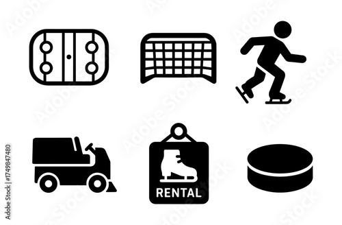 Hockey icons set: rink, goal, player, zamboni, skate rental, puck