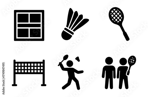 Essential badminton icons: rackets, shuttlecocks, net, court and players in simple black style