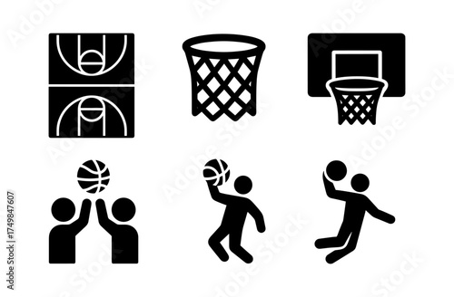Basketball icons set: sport silhouettes for hoops and teams