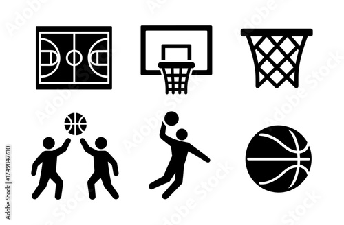 Basketball icons: players, court, hoop and ball in bold black silhouette style
