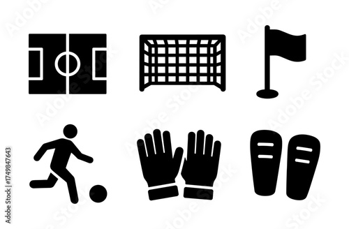 Soccer icon set featuring field, goal, flag, player, gloves, and shin guards