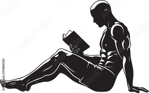 A silhouetted, muscular male figure sits cross-legged, engrossed in reading an open book held in his hands.