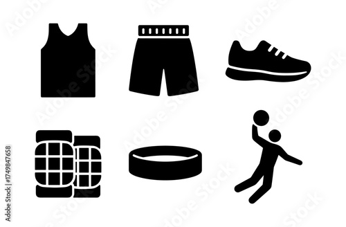 Basketball equipment icons set featuring jersey, shorts, sneakers, and player in action