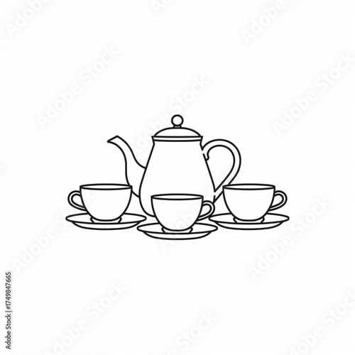 Elegant Tea Set Vector Icon Teapot and Three Cups Outline Design