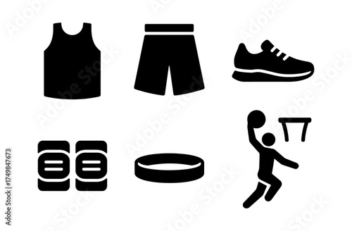 Basketball gear and actions: simple black silhouettes for sports enthusiasts