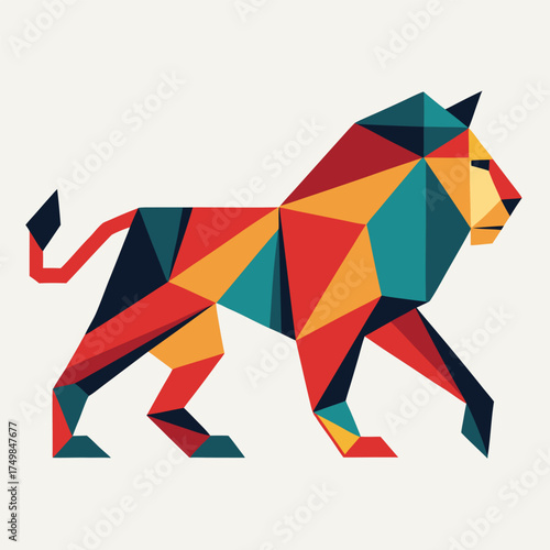 Geometric lion walking in profile with colorful abstract design