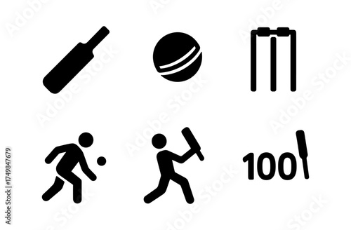 Cricket icons set featuring bat, ball, wickets, and players