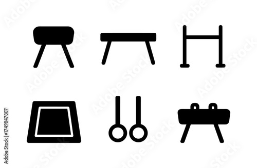 Minimalist black gymnastics equipment icons collection for fitness design