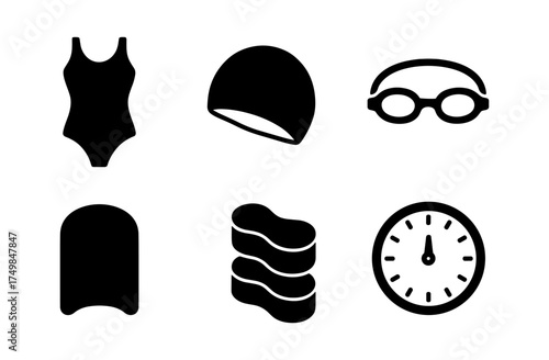 Swimming gear icons set: caps, goggles, and swimsuits in silhouette style