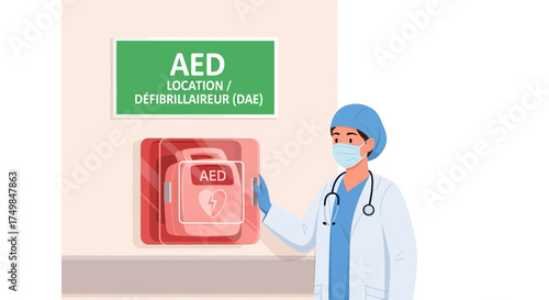 Medical worker in a face mask pointing to an automated external defibrillator unit mounted on a wall for emergency first aid