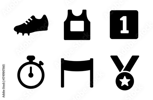 Athletic icons: shoes, stopwatch, medal, jersey, hurdle, number one