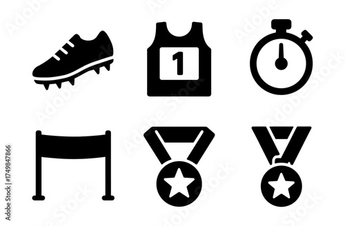 Minimalist athletic icons set: footwear, jersey, stopwatch, hurdle, medal