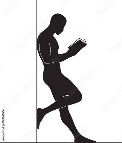 Silhouette of a man leaning against a wall, intently reading a book with a concentrated expression.