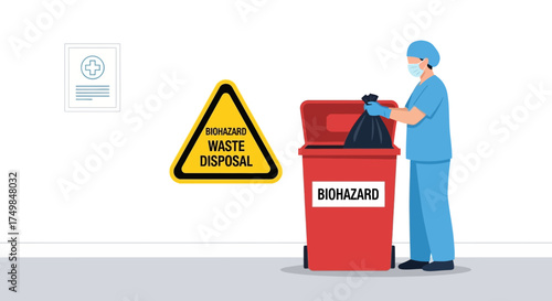 Healthcare worker in personal protective equipment disposing of infectious medical waste into a red biohazard bin, concept of safety and hospital regulations