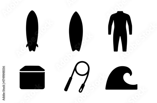 Surfing equipment icons set: board, wetsuit, wave, and accessories