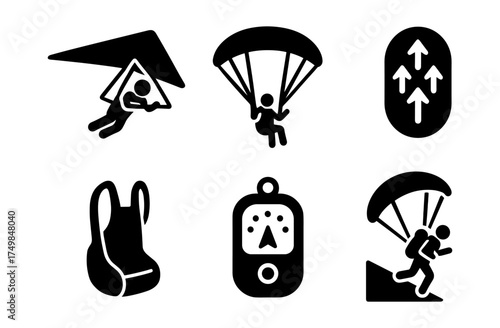 Adventure sports icons depicting paragliding, hang gliding, backpacking, and mountain climbing