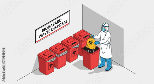 Biohazard Waste Disposal Illustration Featuring Healthcare Worker