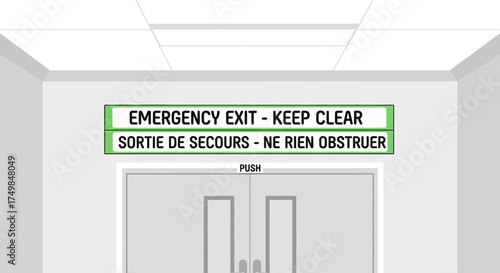 Vector illustration of a bilingual emergency exit sign in English and French above a clear pathway, symbolizing safety and evacuation preparedness