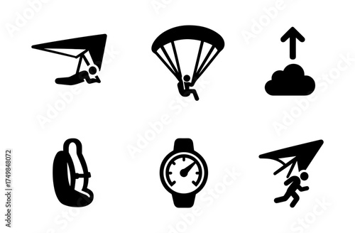 Adventure icons set: paragliding and hang gliding silhouettes with gear