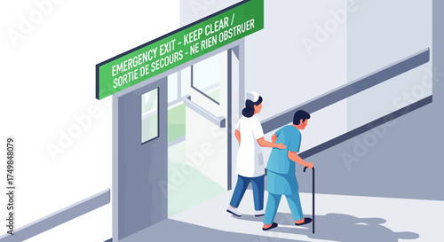 Emergency Exit Nurse Assisting Senior Man with Cane, Clear Signage
