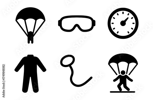 Essential parachuting silhouettes: equipment and adventure icons collection