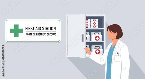 First Aid Station Medical Professional Accessing Supplies in a Well-Stocked Cabinet