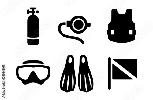 Scuba diving equipment icons set: mask, flippers, tank, and more in silhouette style