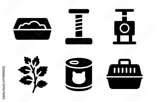 Cat care icons set: silhouette of litter, scratcher, carrier, food, toys, herb