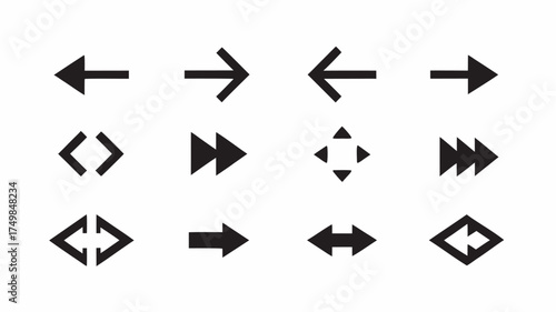 A collection of twelve black arrow icons pointing in various directions on a white background showing direction | editable eps vectors silhouette