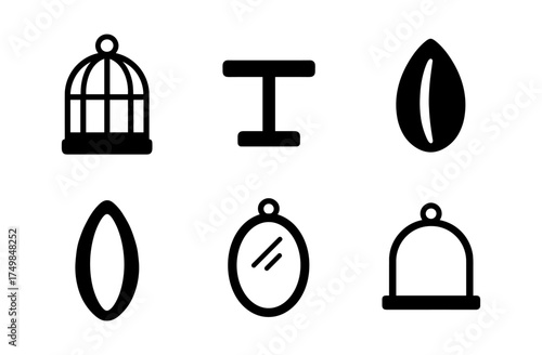 Minimalist black shapes collection: silhouettes of cages, leaves, mirrors, pillars
