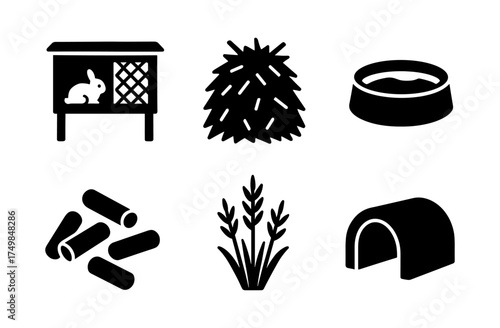 Silhouette icons of rabbit care essentials: hutch, feed, water, and shelter