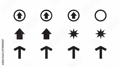 A collection of black and white symbols including arrows within circles and star shapes arranged in rows | editable eps vectors silhouette