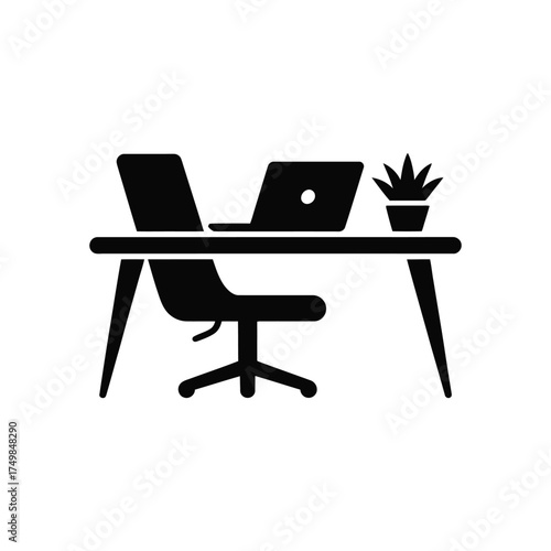 Black glyph icon of desk with laptop, chair, and plant on white background