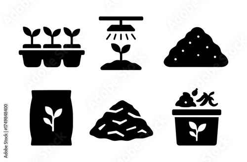 Silhouette gardening icons: plants, watering, soil, and fertilizer set