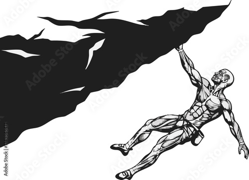 A muscular figure hangs from a dark, jagged rock formation, depicting the challenge and strength of rock climbing.