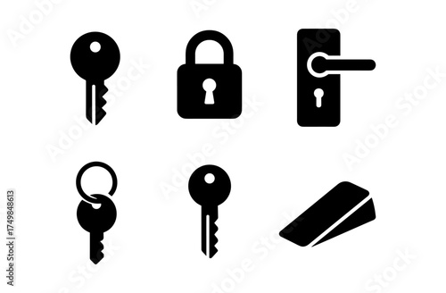 Minimalist black key and lock icons set for security and access design
