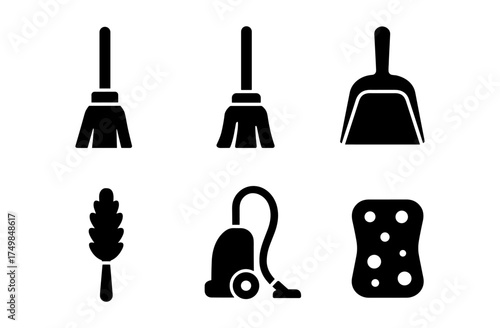 Silhouette icons of cleaning tools: broom, dustpan, vacuum, and more