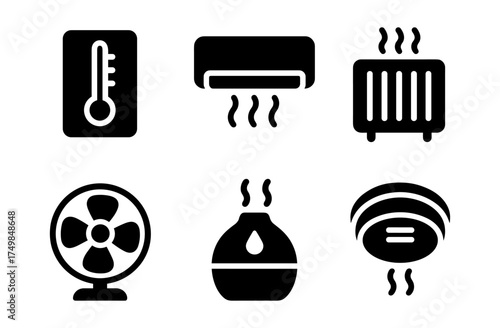 Essential home climate control icons: thermometer, ac, radiator, fan, humidifier, detector in black style